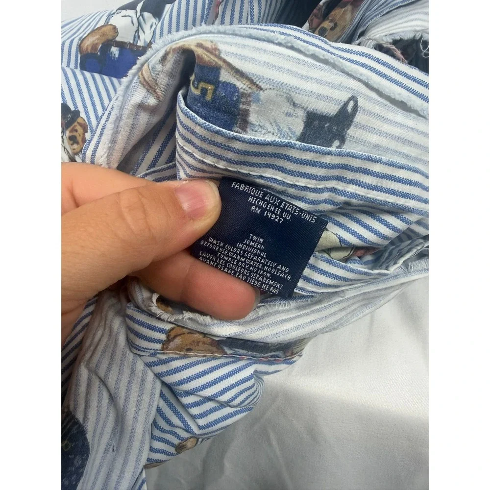 Vintage 90s Ralph Lauren Polo Bear Blue Stripe Cotton Fabric Twin Sheet USA Made